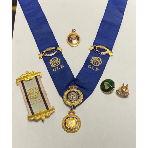 127 - A 9ct gold and enamel medal, together with a RAOB ribbon and jewel etc -