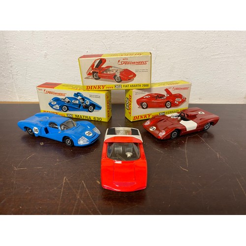 206 - Dinky: Three 'Speedwheels' sports cars, comprising 200 Matra 630, 202 Fiat Abarth 2000 and 204 Ferra... 