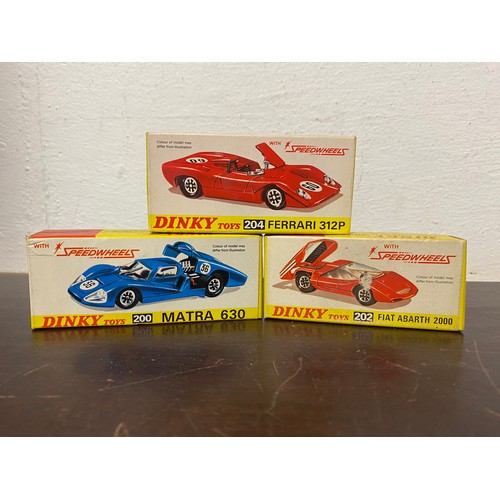 206 - Dinky: Three 'Speedwheels' sports cars, comprising 200 Matra 630, 202 Fiat Abarth 2000 and 204 Ferra... 