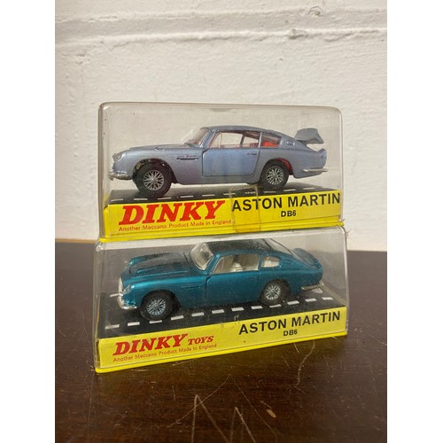 218 - Dinky: 153 Aston Martin DB6, in light grey and another in turquoise, both boxed -