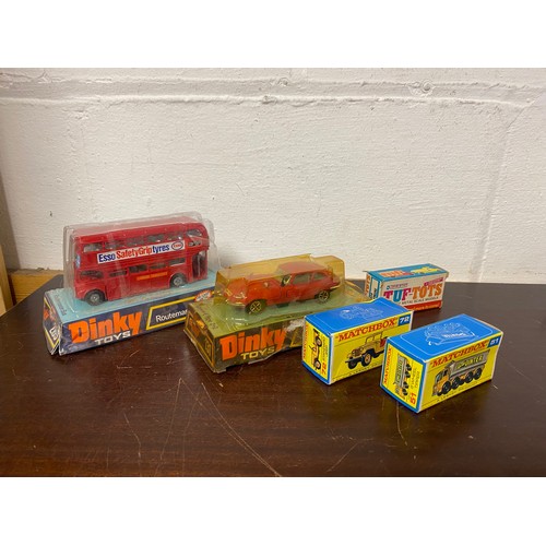 234 - Dinky: 131 Jaguar E-Type and 289 Routemaster Bus, together with two Matchbox and a Tuf Tots fire eng... 