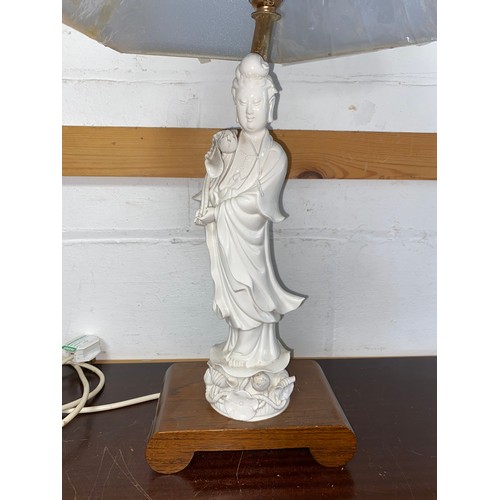 366 - A Chinese blanc de chine lamp and shade, modelled as Guanyin, on hardwood base -