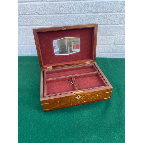 262 - A modern brass inlaid jewellery box, with domed top (with key) -