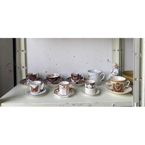 103 - A mixed lot of china, to include cabinet cups, Coalport figure, majolica style jug etc -