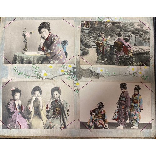 310 - Postcards: a Japanese lacquered album containing 64 postcards, including Japan, Malta, Gibraltar, Ce... 