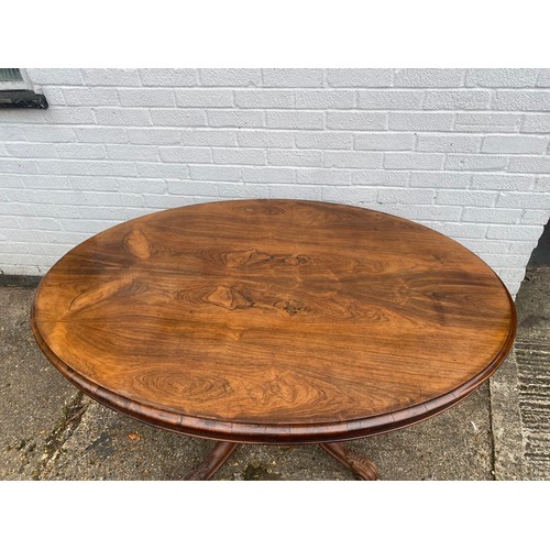 254 - A 19th century rosewood loo/tilt top table, the oval top on central carved column and four scrolling... 