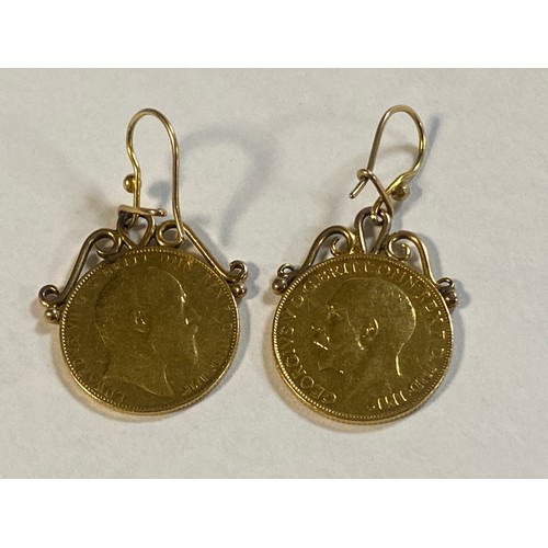 14 - A pair of sovereign set ear-pendants, each suspending a full Edward VII (1907) or George V (1911) so... 