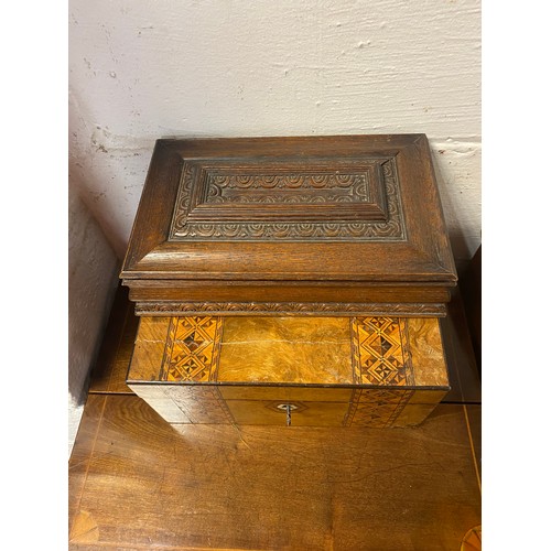 233 - A Victorian walnut and inlaid box, a carved oak box and a dressing table mirror -