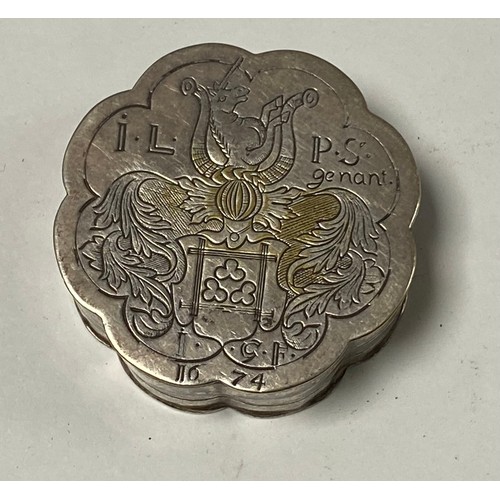 11 - A 17th century style white metal patch pot and cover, of shaped outline and engraved with crest, dat... 