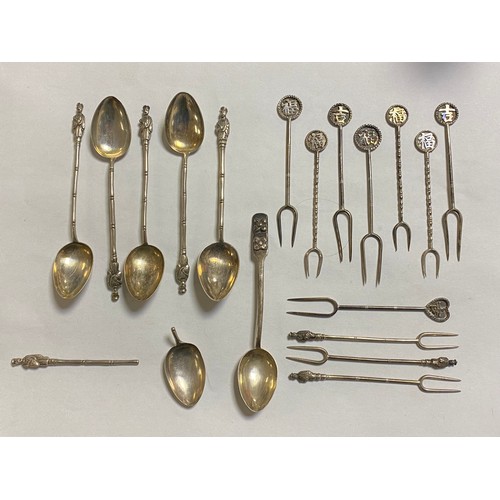 38 - A set of six Chinese silver spoons, silver pick forks etc, all with Chinese marks -