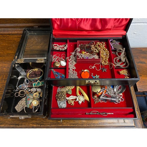 42 - A Chinese box containing cloisonné and other jewellery items, and another box of costume jewellery -