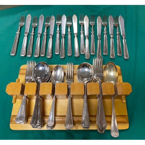 10 - A pair of silver handled servers and other plated flatware, cutlery, teapot etc -