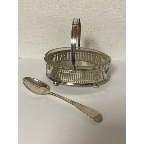 38 - A George V silver swing handled dish, Birmingham 1938, together with a George III spoon -