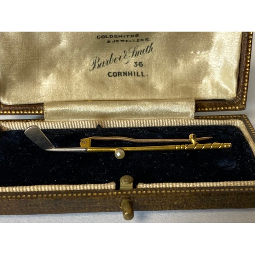 48 - An Edwardian 15ct gold bar brooch, in the form of a golf club with seed pearl ball, cased, together ... 