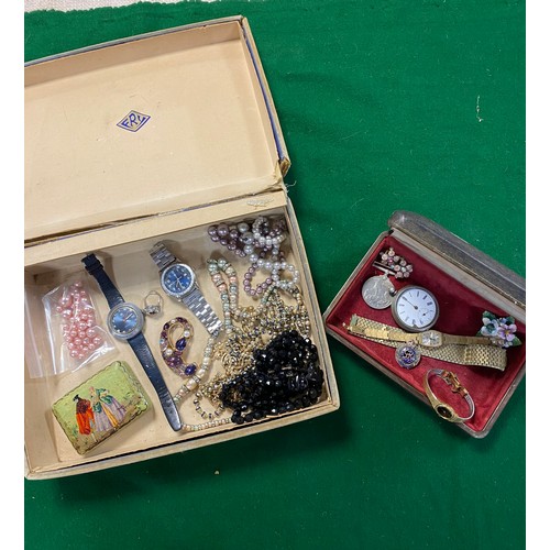 49 - A box of costume jewellery, including Royal Engineers brooch, 1939-45 medal etc -