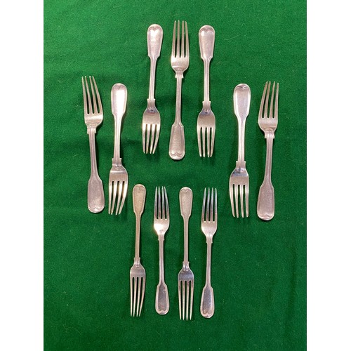 55 - Eleven silver forks, various dates and makers, together with a quantity of plated flatware, fish eat... 