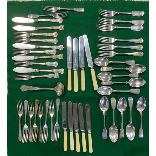 55 - Eleven silver forks, various dates and makers, together with a quantity of plated flatware, fish eat... 