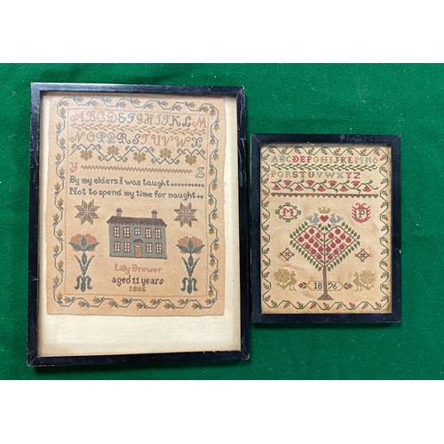 98 - A late Victorian sampler, worked by Lilly Brewer, aged 11, dated 1886, with letters, verse, house an... 