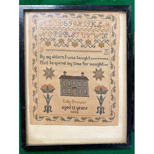 98 - A late Victorian sampler, worked by Lilly Brewer, aged 11, dated 1886, with letters, verse, house an... 