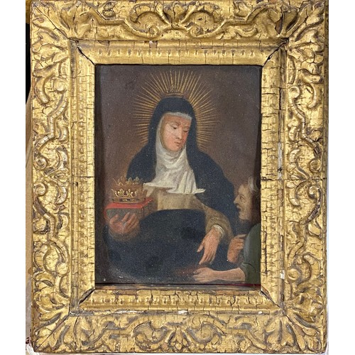 188 - A female saint holding a book and crown, 17th century style, oil on copper panel -