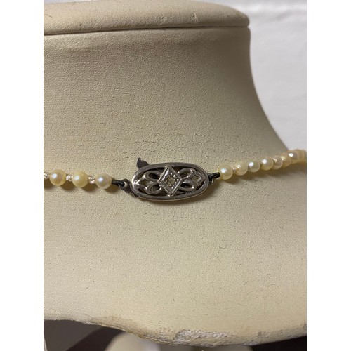 84 - A single row of graduated cultured pearls, set to a 9ct white gold clasp with diamond point -