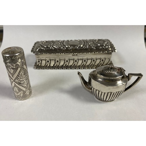 54 - A late Victorian silver box, Birmingham 1900, together with a miniature teapot and silver scent flas... 