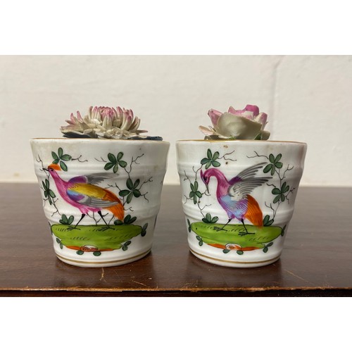 148 - A pair of Meissen style flower pots, of small size, each painted with birds and insects -