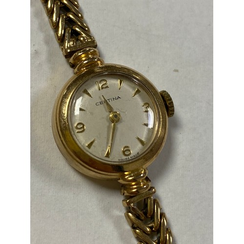 108 - A lady's 9ct gold wristwatch, with circular dial, signed Centina, to 9ct bracelet strap -