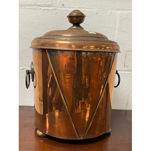 328 - A copper and brass cylindrical coal/log bin and cover -