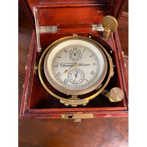 254 - A brass and mahogany cased chronometer, the steel dial signed for Thomas Merser -