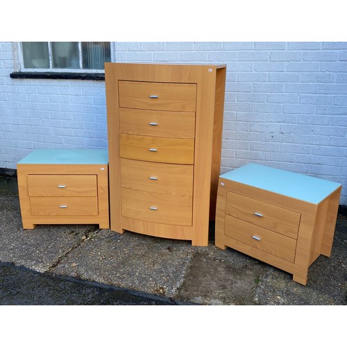 332 - A modern part bedroom suite, comprising tall bowfronted chest, with lift top vanity mirror over five... 