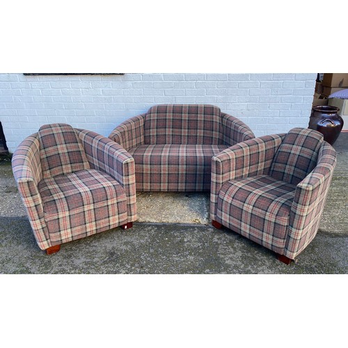 333 - A modern three piece suite, of small size, upholstered in tartan -