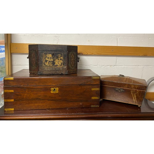 253 - A 19th century lacquered tea caddy, another caddy and a lap desk (all a/f) -