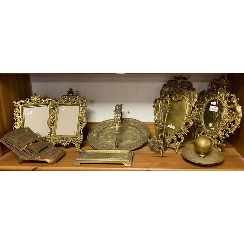 240 - A group of five brass easel backed frames, together with a swing handled dish, inkwell and letter ra... 