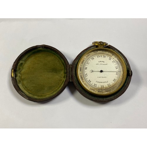 254A - A brass pocket barometer in case, the dial signed for Apps, 433 Strand -