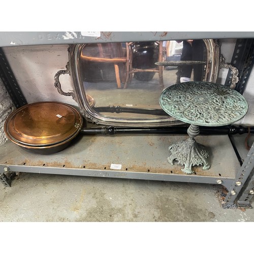 189 - A copper warming pan, together with a silver plated tray and a brass stand -