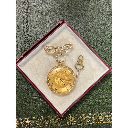 5 - An 18ct gold open face pocket watch, stamped '18 carat fine' to case, suspended from a 9ct gold bow ... 