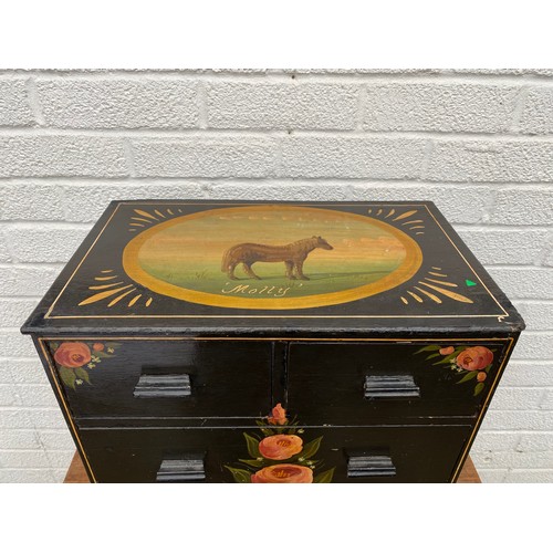 354 - A small early 20th century chest, painted with a horse and flowers on black ground -