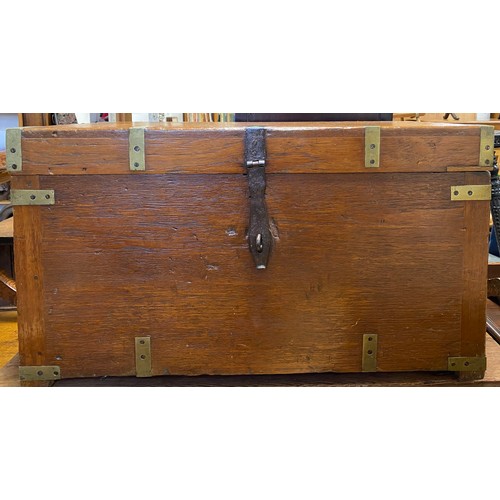 358 - A brass bound oak chest/box, with side carry handle -