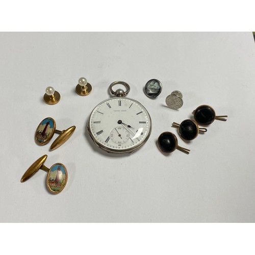 42 - A Swiss silver cased open face pocket watch, together with dress studs etc -