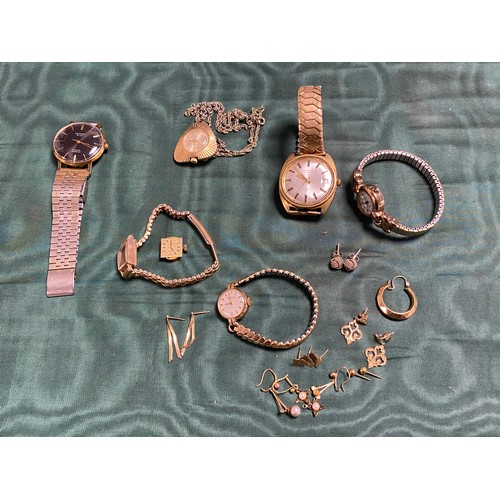 59 - Two lady's 9ct gold watches, on plated straps, other watches and jewellery items -