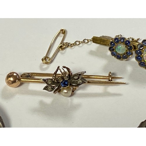 69 - A Victorian bar brooch, set with an insect, with sapphire, pearl and diamonds, together with another... 