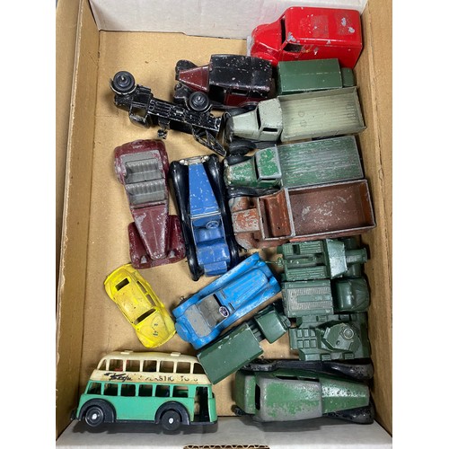 251 - Toys: a group of die cast model buses, fire engines and other models, mostly Dinky or Corgi -