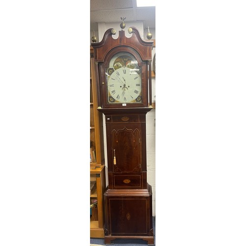 299 - A 19th Century mahogany and inlaid longcase clock, the painted dial with landscape and flowers, roma... 