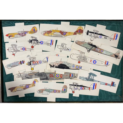 247 - An interesting collection of approximately 55 hand drawn and coloured aeroplane sketches, together w... 