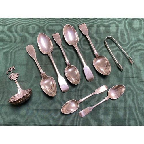 37 - A continental silver spoon, together with a set of three Victorian Irish spoons, another similar, a ... 