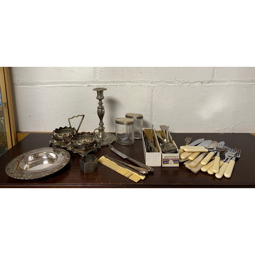 51 - A mixed lot of silver and plated items, including silver covered dressing table jars, plated cutlery... 