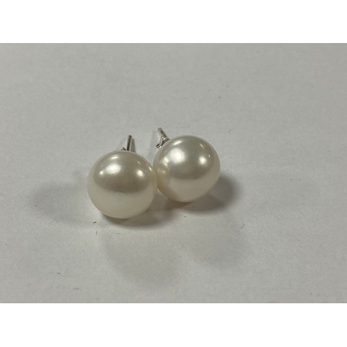 56 - A pair of freshwater pearl earrings, set in silver mounts -