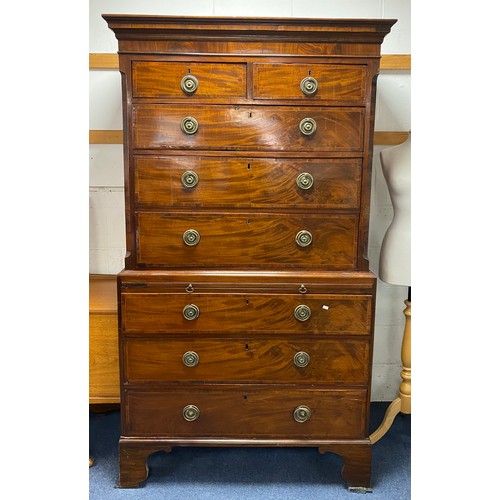 282 - A George III mahogany and line inlaid chest on chest, the top with two short and three long drawers ... 