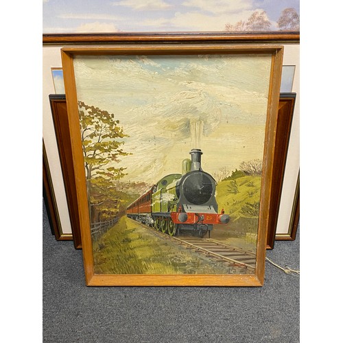 107 - A 20th century oil of a steam train and a quantity of prints (10) -